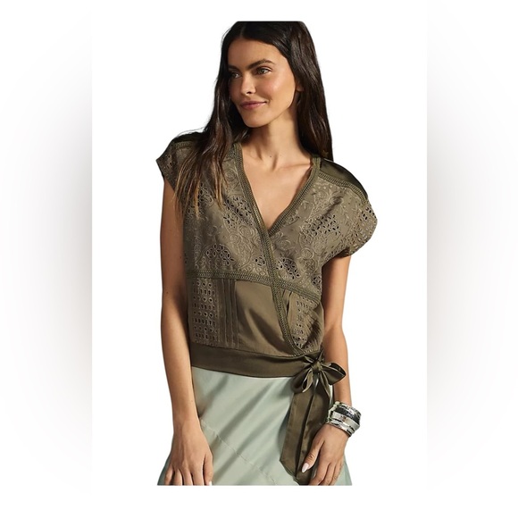 Tiny Anthropologie Tatiana olive green short sleeve faux wrap top size 2X - Picture 1 of 8